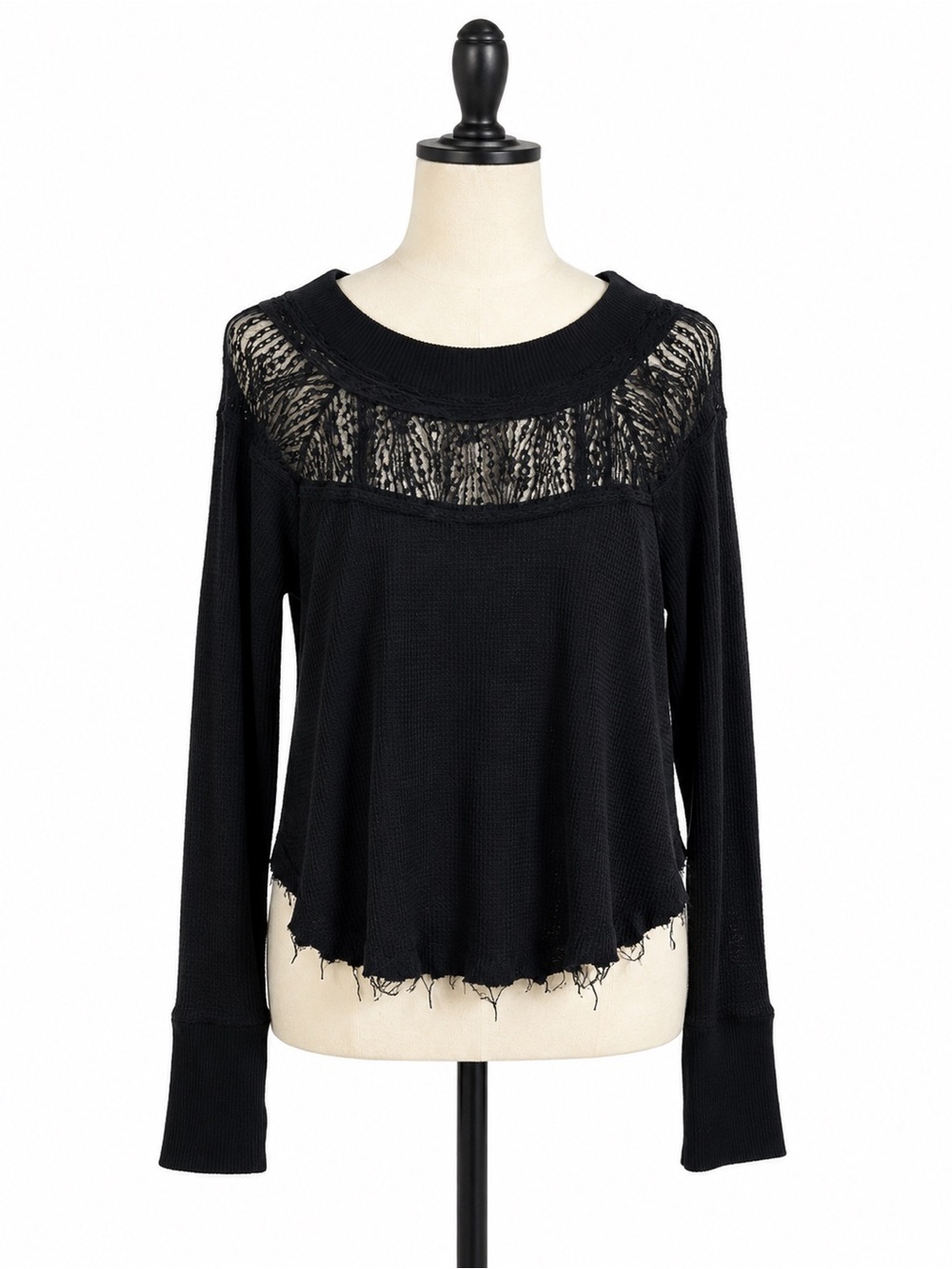 Free People Spring Valley Thermal Lace Top Black Raw Hem Small